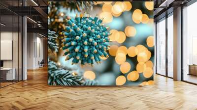 Turquoise Christmas baubles with golden polka dots. Bright and modern holiday decorations on blurred festive background. Wall mural