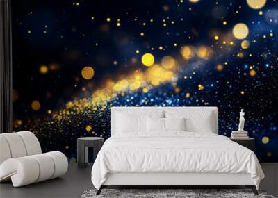 Abstract dark blue background with golden bokeh lights and stars Wall mural