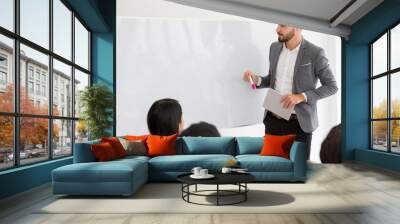 happy business man making a presentation on whiteboard . boss presenting strategy of marketing to goal of success with teamwork in meeting room with copy space empty whiteboard Wall mural