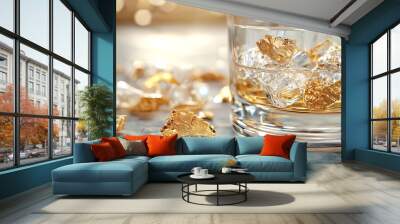 A closeup of gold flakes floating in clear liquid, resembling liquid luxury, gold in liquid, luxurious drinks Wall mural