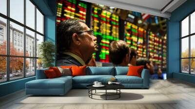 Businessmen at a stock market trading floor, focused on large electronic boards displaying financial data under the American flag. Wall mural