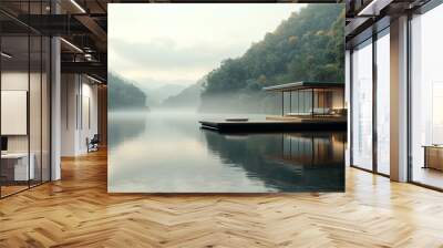 Floating hydropower station on a serene lake, futuristic clean energy design, sustainable innovation concept Wall mural