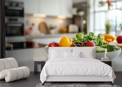 Modern kitchen with colorful fruits and vegetables in a bowl, emphasis on nutrition and wellness Wall mural