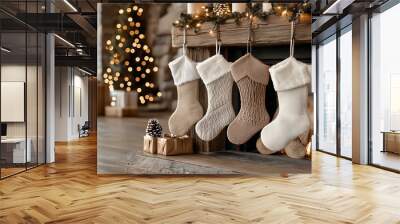 Wooden podium, vintage Christmas stockings, glowing lights, rustic holiday celebration, cozy vibes Wall mural