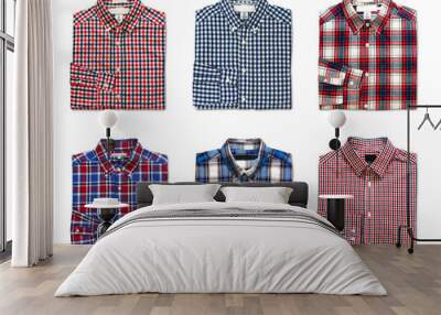 top view of folded red, blue and white color long sleeve plaid shirts isolated on white background Wall mural