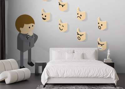 Businessman searching right emotional face mask hanging on the w Wall mural