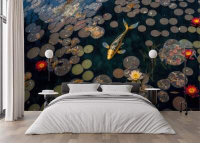 A golden fish swimming in a clear pond surrounded by colorful lotus flowers. Wall mural