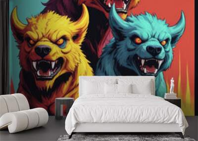 Cerberus - A fierce monster with three heads in a vibrant flat pop art style, growling with bright and eye-catching color palettes Gen AI Wall mural