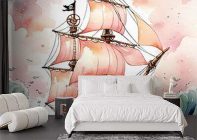 Charming Children's Storybook Illustration of a Mythical Beast and a Pirate Ship Sailing Through Stormy Seas in Soft Watercolor Gen AI Wall mural