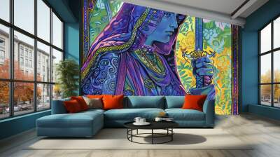 Dark Silk Robed Drow Priestess with Ceremonial Dagger in Action Gen AI Wall mural