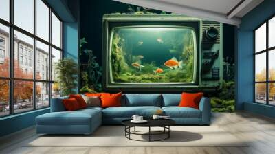 fish tank is make out of an old and obsolete TV. Recycling e-waste concept. Sustainability and Environmental concept Wall mural