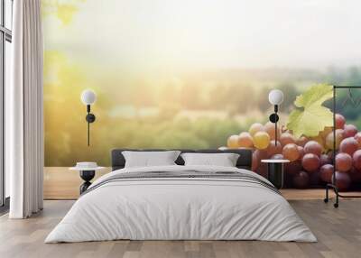 A bunch of grapes on a wood table with a background of vineyards  Wall mural