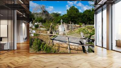 old grave yard with head stones and picket fence with trees and blue sky in the back ground Wall mural