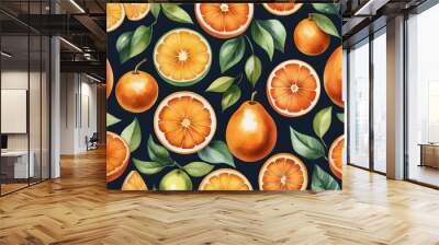 Vibrant Citrus Delight - A colorful fruit and citrus illustration featuring juicy orange slices in a realistic watercolor painting with a stylized retro fruit poster vibe Gen AI Wall mural