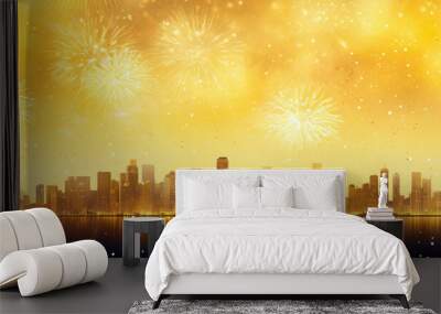 New Year's Spectacle. Dazzling Fireworks Illuminate Cityscape. Banner Wall mural