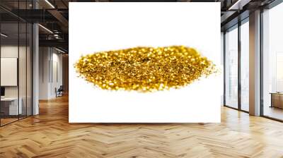 Pile of gold sequin bits isolated on white background. Heap of golden glitters Wall mural