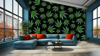 seamless pattern marijuana leaves on black background. cannabis background. concept of drugs, hemp Wall mural