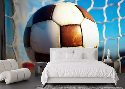 Soccer Ball Resting in Net of Goal Post Wall mural