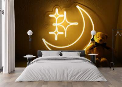 Neon sign moon and stars. Trendy style. Neon sign. Custom neon. Home decor. Good night. Wall mural