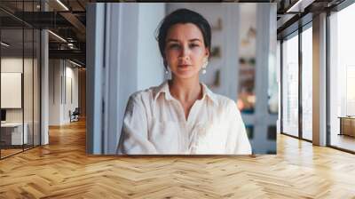 Vertical Portrait of Beautiful Young Confident Female Designer Working in Creative Office Space, Artist People Woman Architect Wall mural