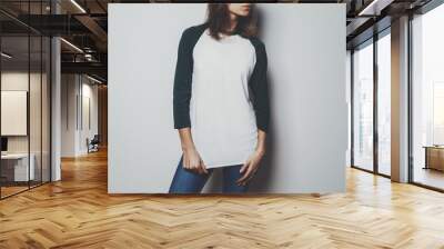 Young hipster girl wearing blank white t-shirt with empty space for your logo or design, mock-up of t-shirt long sleeve Wall mural