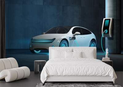 A futuristic electric car is connected to a charging station in the underground parking of the business center. 3d render. Wall mural