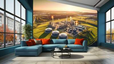 A modern natural gas processing factory, steel pipelines and storage containers. An aerial view on the sunset background. Wall mural