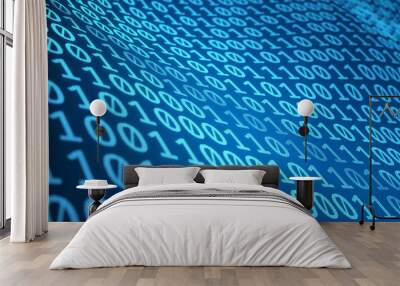 Digital data or binary code on virtual wavy surface on blue background. 3D illustration. Wall mural