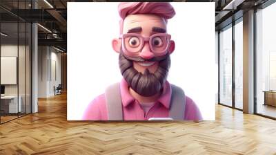 3D icon avatar cartoon hipster character, stylish smiling man with beard with phone, artoon close up portrait on isolated on transparent png background. Generative ai Wall mural