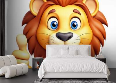 A cartoon lion with a thick brown mane, bright blue eyes, and a friendly smile. The lion is giving a thumbs-up. Transparent background Wall mural