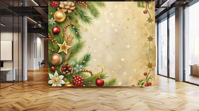 A decorative Christmas border with evergreen branches, red and gold ornaments, pinecones, and stars. The design is set against a soft, warm background with glowing stars. Wall mural