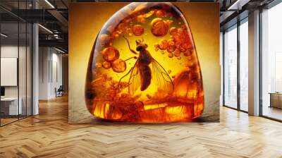 Amber Fossil With Insect: A detailed ancient amber piece holding a bee, emphasizing themes of archaeology and the beauty of natural preservation Wall mural