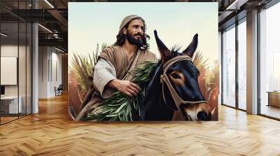 Biblical account of Jesus Christ riding a donkey while many people surrounded him. Triumphal Entry in Jerusalem or Palm Sunday Easter and is recorded in the Gospels. Generative ai Wall mural