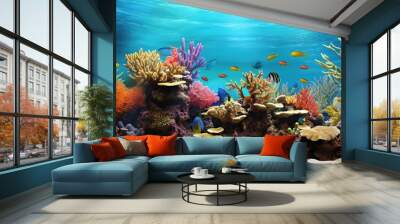 Colorful beautiful corals and small exotic fish, underwater coral reef panoramic background, marine life ecosystem wallpaper illustration Generative AI Wall mural