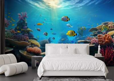 Colorful corals and exotic fish, underwater coral reef panoramic background, marine life ecosystem wallpaper illustration Generative AI Wall mural