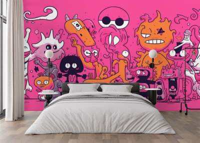 Cute halloween monsters in different poses and showing emotions, fun variety creatures on pink background, trendy illustration vintage poster design Generative AI Wall mural