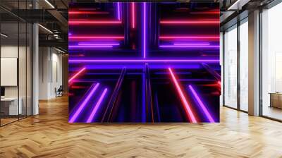 Glowing neon lines blue purple and magenta glowing crossing neon tubes light streaks illumination rays futuristic background 3d illustration poster Generative ai Wall mural