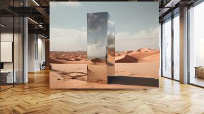 Large mirror at sand desert photorealistic scenes orientalist landscapes geometric surrealism abstract surreal concept 3D Illustration Wall mural