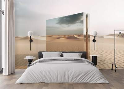 Large rectangular mirror on sand desert reflection futuristic landscape geometric surrealism photorealistic scenes orientalist landscapes abstract surreal concept 3D Illustration Wall mural