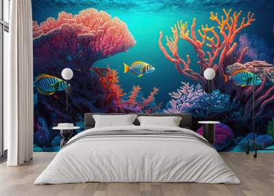 Ocean coral reef underwater. Sea world background with colorful tropical fishes, seaweeds and sea sponge. Generative AI Wall mural