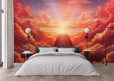 Staircase leading up to sky among red clouds to radiant sun with heavenly light 3d render steps concept freedom of spirit, love, religious symbol paradise Generative AI Wall mural