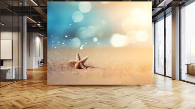 Starfish on sandy beach and sparkling blue sea with blurred bokeh lights background idyllic seascape natural composition, tourism banner Generative AI Wall mural