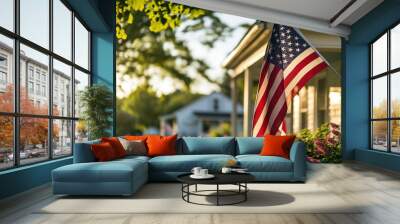 US flag displayed in front of American house symbolizes patriotism, national identity and love for ones country, it represents unity, freedom, and values illustration Generative AI Wall mural