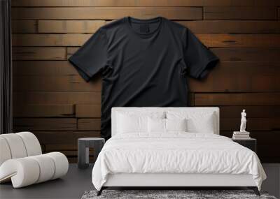 mockup. Black t-shirt on a wooden background. AI generative. Wall mural