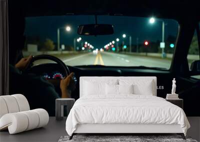 Night driving scene: The instrument panel is clearly visible, the road ahead is illuminated by street lights, and the text 