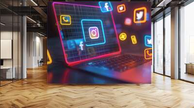 Spectacular neon 3D laptop advertising on social networks, emphasizing innovative features and stylish design, makes you want to buy and improve your digital experience. Wall mural