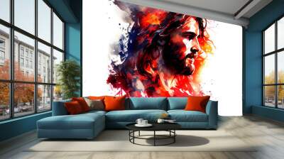 Watercolor drawing Jesus Christ. Dark and red colors. Friend and Savior. Colorful splash with dots, lines and textures isolated on white background. Transparent png. Generative ai Wall mural