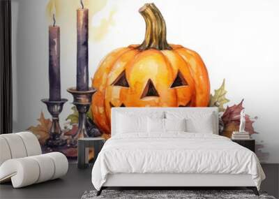 Watercolor halloween pumpkins and candles on a white background. AI generative. Wall mural