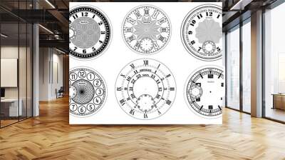 Clock face blank set isolated on white background. Vector watch design. Vintage roman numeral clock illustration. Black number round scale. Wall mural