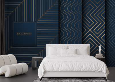 Collection of seamless geometric golden blue minimalistic patterns. Simple vector graphic navy blue color print background. Gold line abstract texture set. Stylish trellis geometry web page fill Wall mural